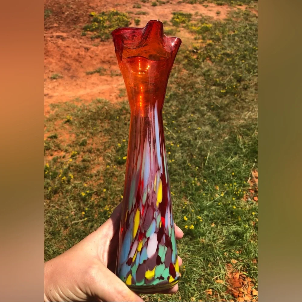 #5U KREISS HANDMADE BUD VASE Orange Multi Color Art Glass 10” Tall Vintage